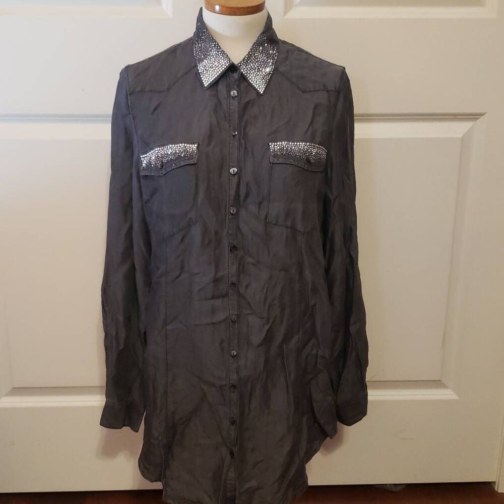 Christine Alexander Vintage Dark Denim Rhinestone Long Sleeve Button Down Sz Med